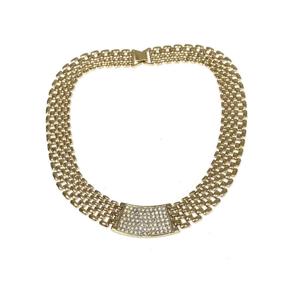 Necklace Vintage Gold Tone Rhinestones Collar Statement 17”